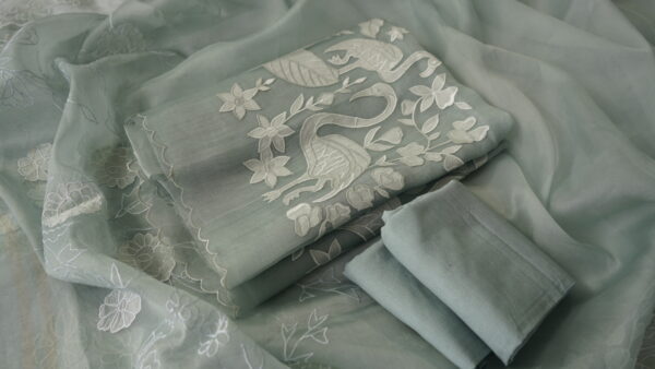 Pure Organza Applique Work 3-Piece Suit Set | Organza Kurta, Cotton Silk Pants & Applique Dupatta