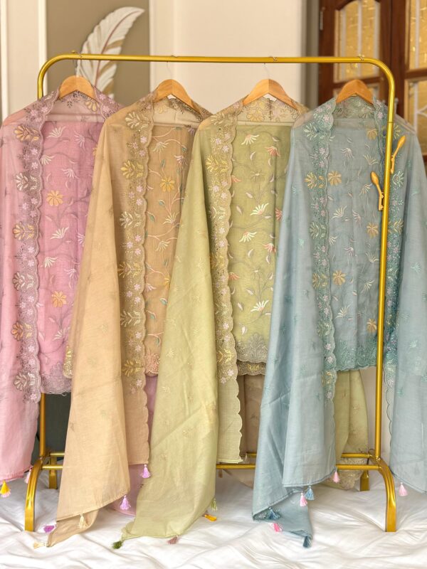 Exclusive Banarasi Mal Chanderi Embroidered Suit Set | Cutwork Daman Kurta, Dupatta & Cotton Silk Bottom