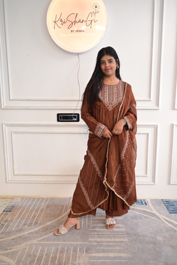 Long Pleated Dress Style Suit Set with Thread, Sequin & Cutdana Work (3 Piece)