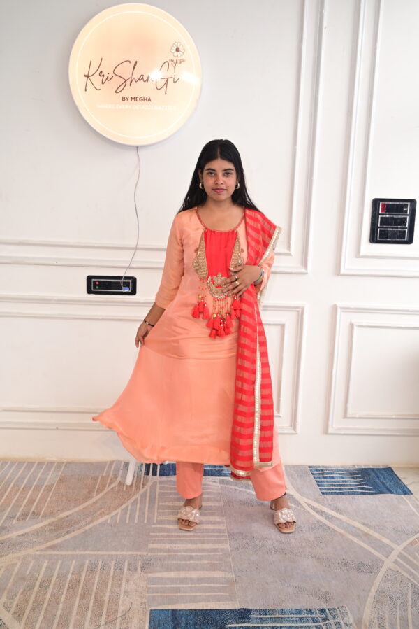 Pure Glass Tissue Peach & Red Suit Set with Heavy Handwork & Tassels (3 Piece)