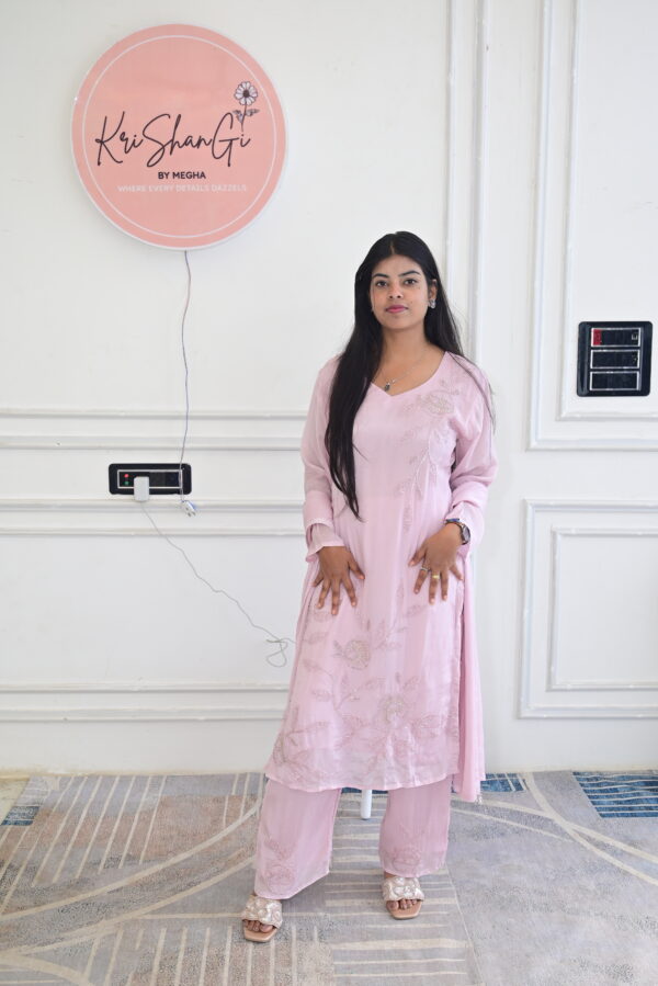 Powder Pink Cutdana Handwork Kurta Set with Pant & Dupatta (3 Piece Set)