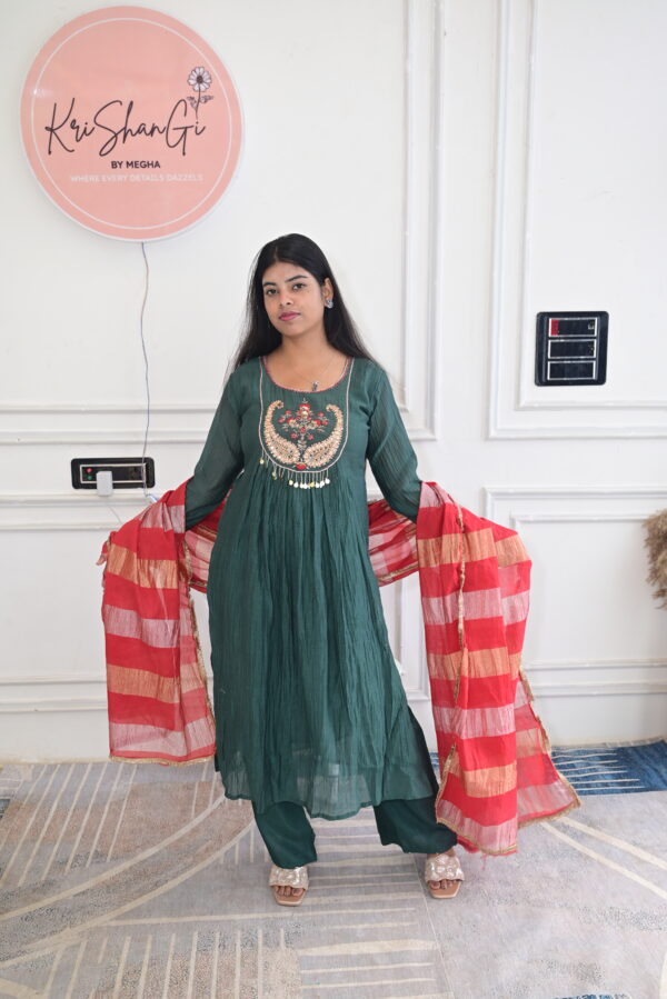Cotton Chanderi Suit Set with Handwork Neck & Tissue Stripe Dupatta (3 Piece Set)