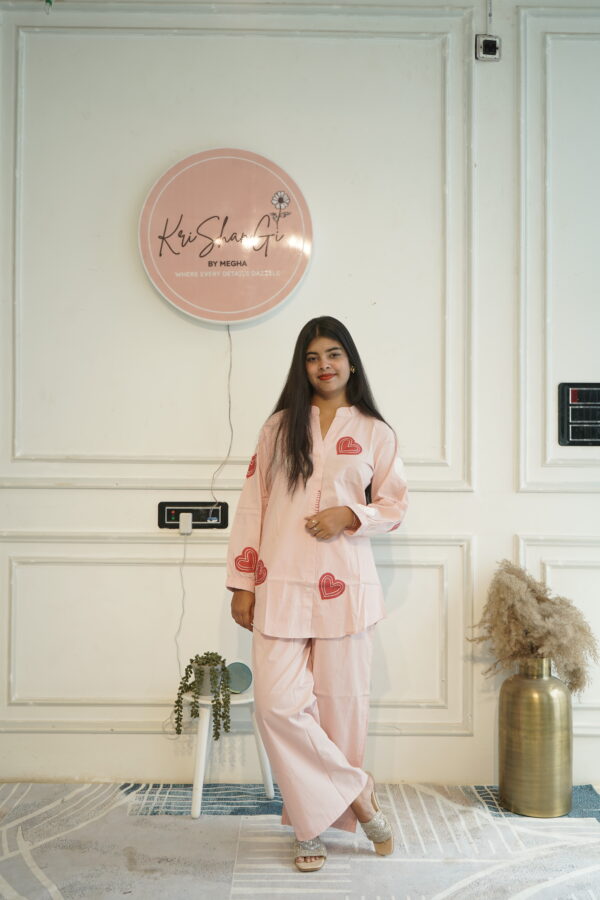 Pure Cotton Co-ord Set with Appliqué Heart Work Shirt & Pant