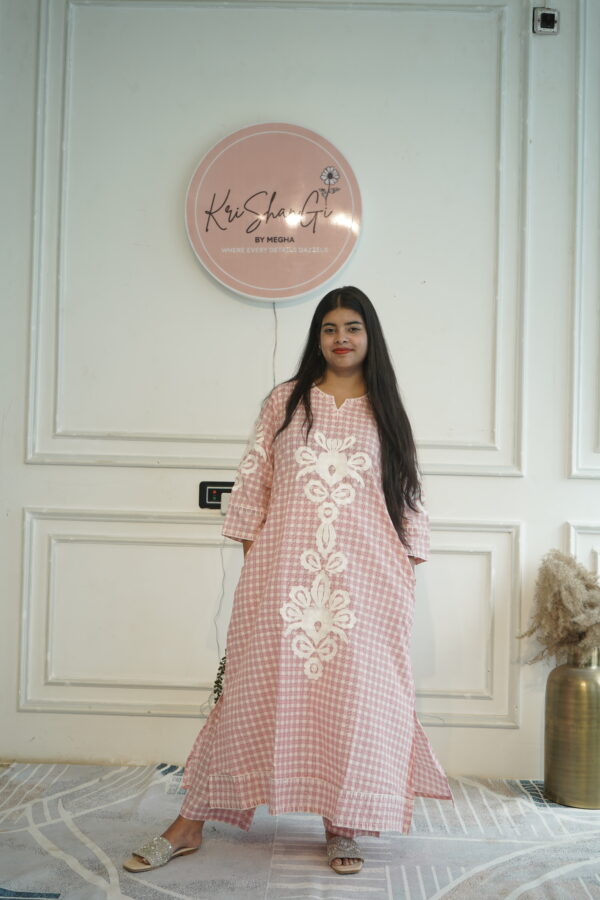 Cotton Check Print Co-ord Set with Heavy Embroidered Kurta & Plain Pant (2-Piece Set)