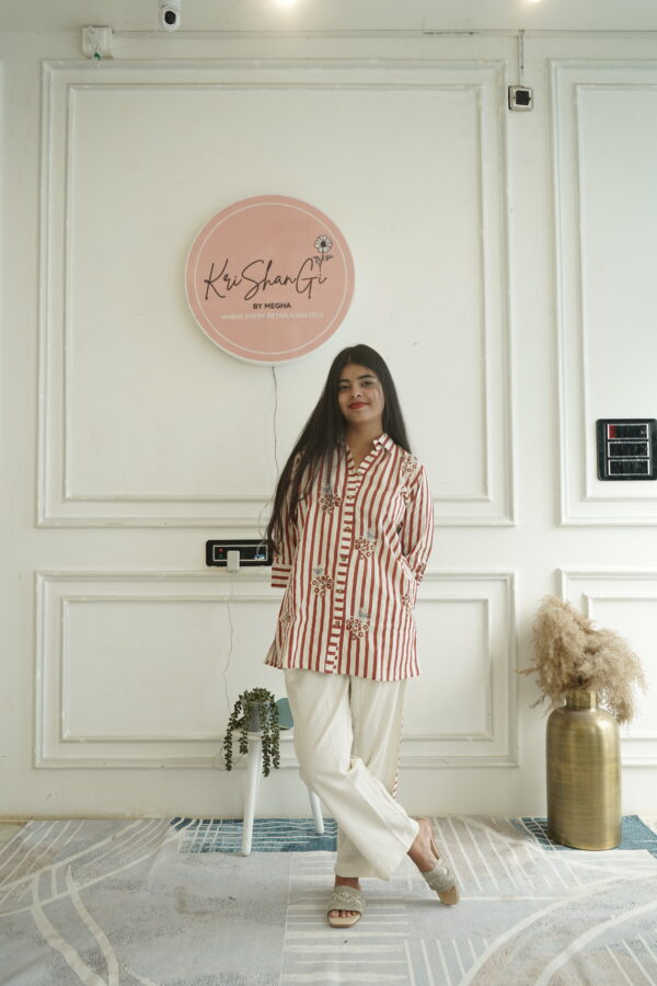 Slub Cotton Stripe Co-ord Set with Embroidered Shirt & Pant (2-Piece Set)