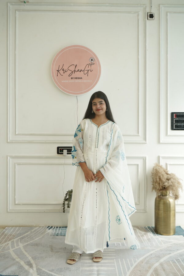 Mul Chanderi A-Line Suit Set with Mirror Work & Heavy Embroidered Dupatta (3-Piece Set)