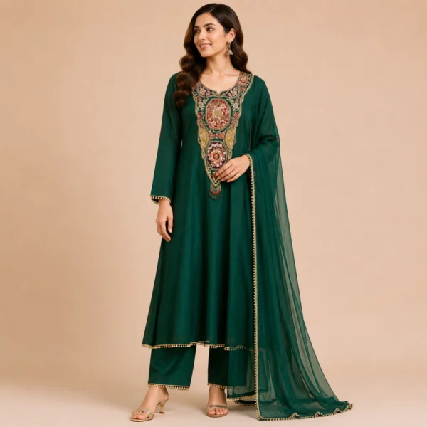 Mul Chanderi Heavy Handwork Neck Suit Set (3-Piece)