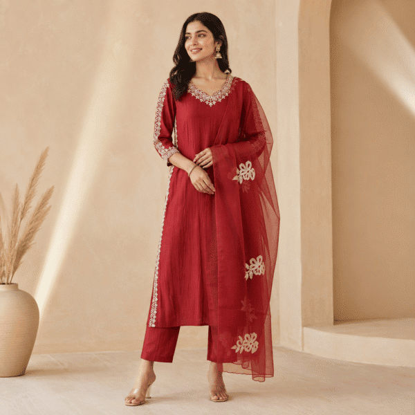 Crimson Red Embellished Kurta Pant & Dupatta Set