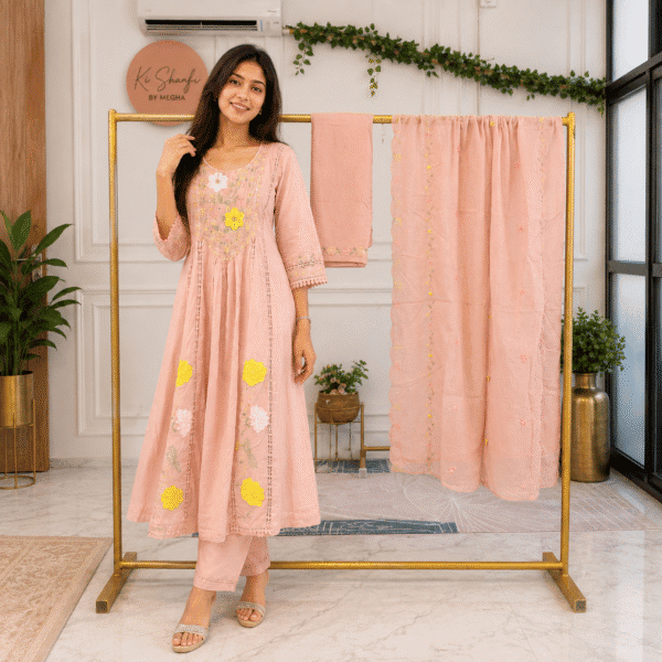 Soft Peach Floral Embroidered Flared Kurta Set with Lace Details