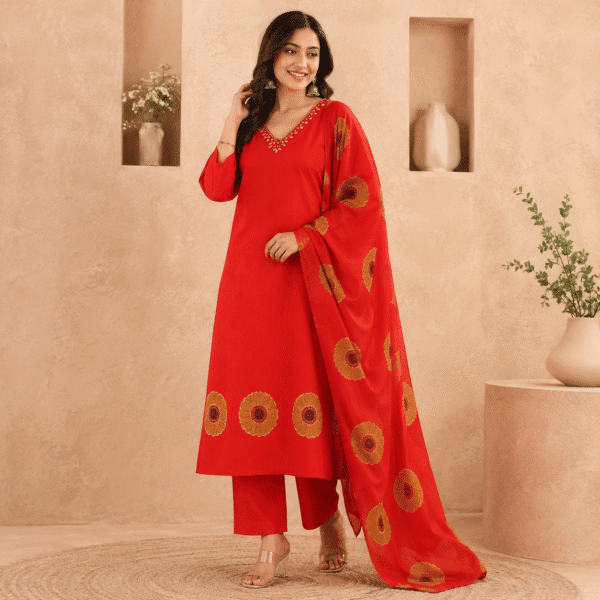 Red Floral Motif Kurta Pant & Dupatta Set