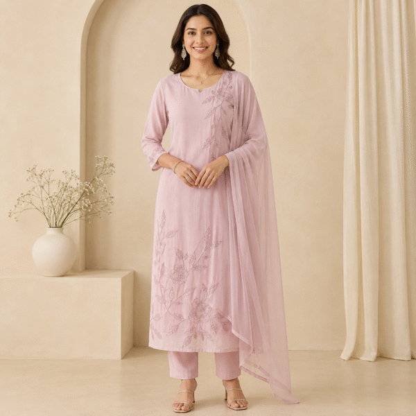 Blush Pink Floral Embroidered Kurta Pant & Dupatta Set