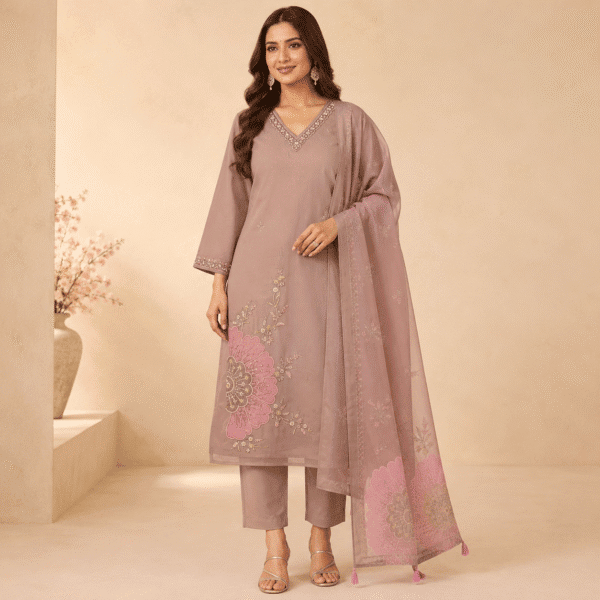 Dusty Mauve Floral Embroidered Kurta Pant & Dupatta Set