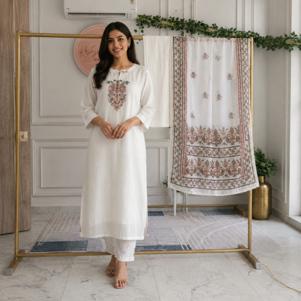 Ivory Floral Embroidered Kurta Pant Set with Printed Dupatta
