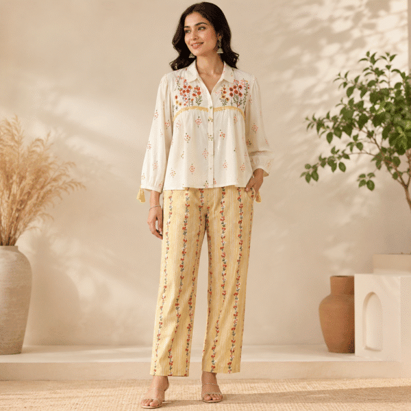 Ivory Floral Embroidered Shirt Top & Mustard Pant Co-ord Set