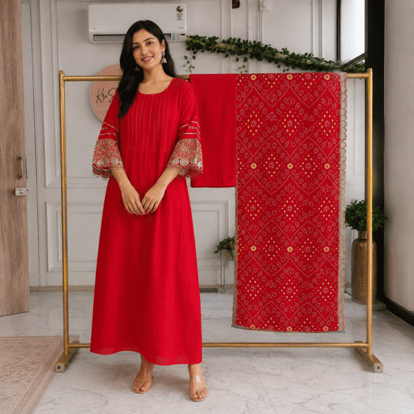 Crimson Red Embroidered Flared Kurta Set with Bandhani Dupatta