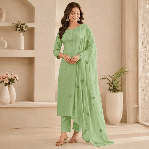 Pista Green Embroidered Kurta Pant & Dupatta Set