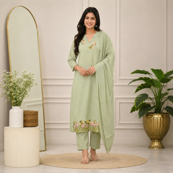 Pastel Mint Green Floral Embroidered Kurta Set with Dupatta