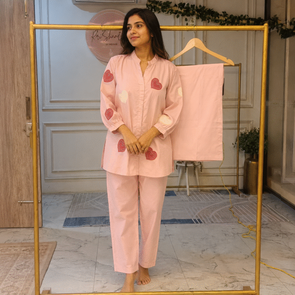 Blush Pink Heart Appliqué Shirt and Pant Co-ord Set