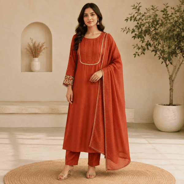 Rust Orange Pintuck Kurta Pant & Striped Dupatta Set