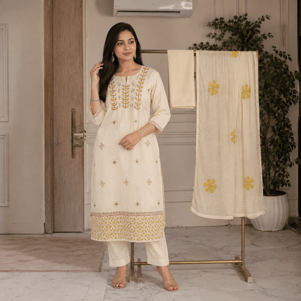 Ivory Mustard Floral Embroidered Kurta Pant Set with Dupatta