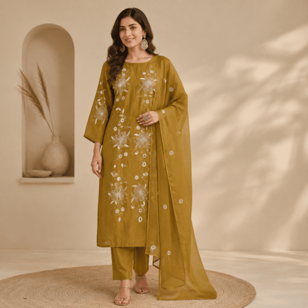 Mustard Olive Floral Embroidered Kurta Pant & Dupatta Set