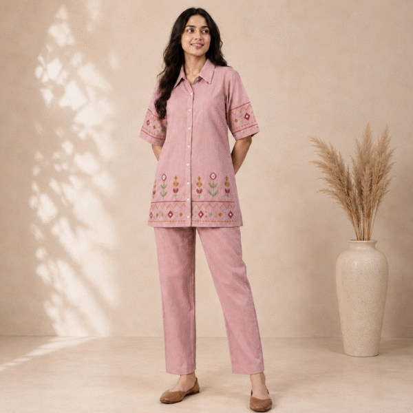 Dusty Rose Floral Embroidered Shirt Pant Co-ord Set