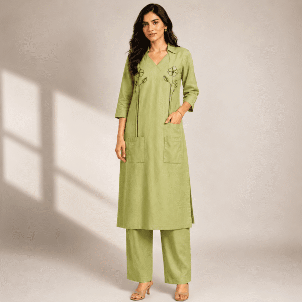 Sage Green Floral Embroidered Long Kurta Pant Co-ord Set