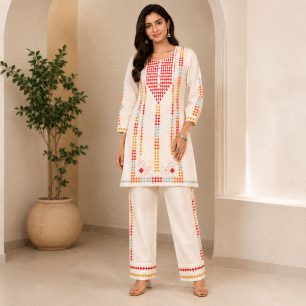 Ivory Multicolour Geometric Kurti Pant Co-ord Set