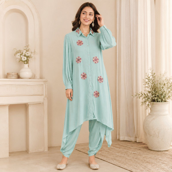 Aqua Blue Embellished Asymmetric Kurta Set
