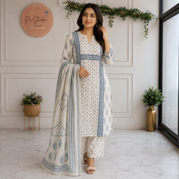 Ivory Blue Paisley Printed Kurta Pant Set with Dupatta