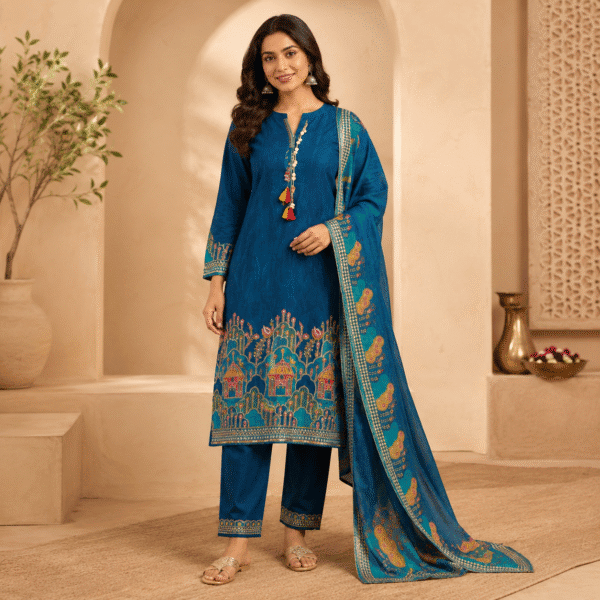 Teal Blue Printed Kurta Pant & Dupatta Set