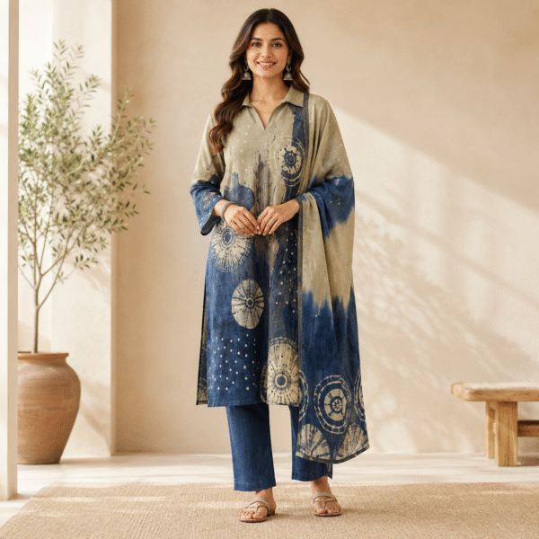 Beige & Indigo Abstract Print Kurta Pant & Dupatta Set