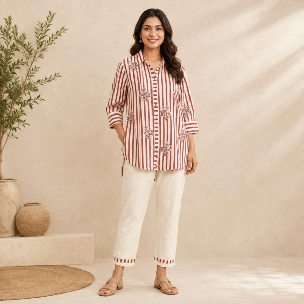 Ivory & Rust Striped Floral Shirt Pant Co-ord Set