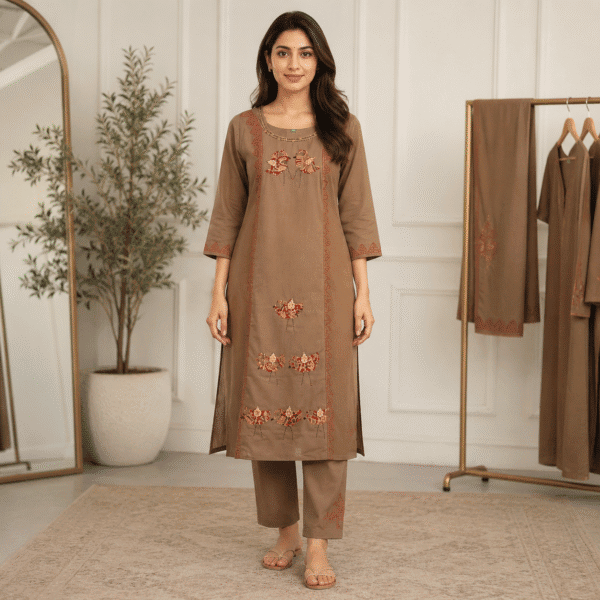 Earthy Brown Embroidered Bird Motif Kurta Set with Dupatta