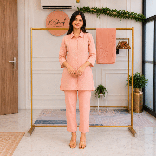 Soft Peach Tonal Embroidered Shirt and Pant Co-ord Set