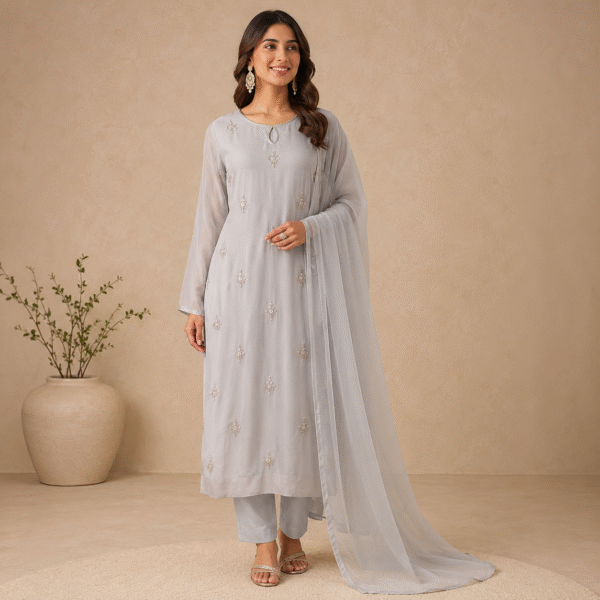 Pearl Grey Embellished Kurta Pant & Dupatta Set