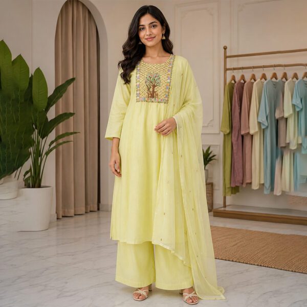 Lemon Yellow Embroidered Yoke Flared Kurta Set with Dupatta