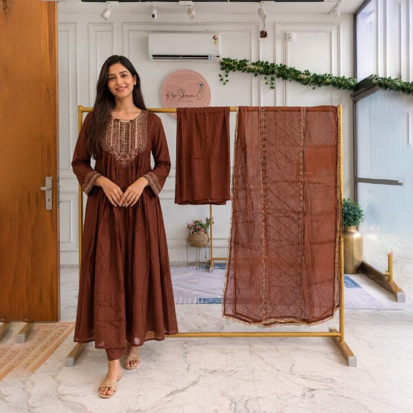 Deep Brown Embroidered Yoke Flared Anarkali Set with Sheer Dupatta
