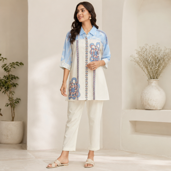 Sky Blue & Ivory Printed Shirt Kurta Pant Set