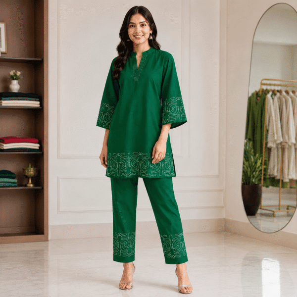Emerald Green Abstract Embroidered Tunic and Pant Co-ord Set