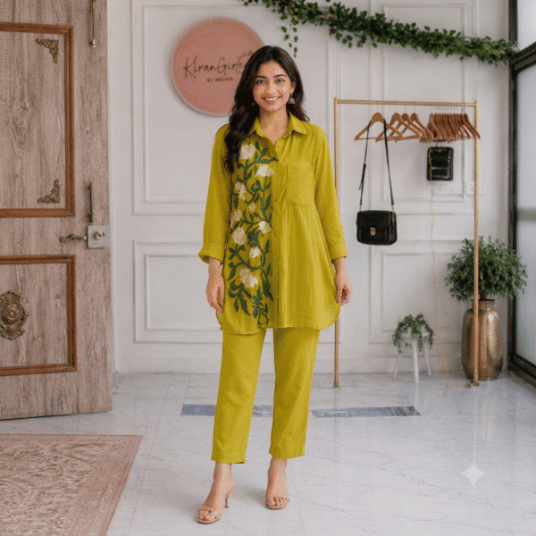 Lime Green Floral Embroidered Shirt Tunic Co-ord Set