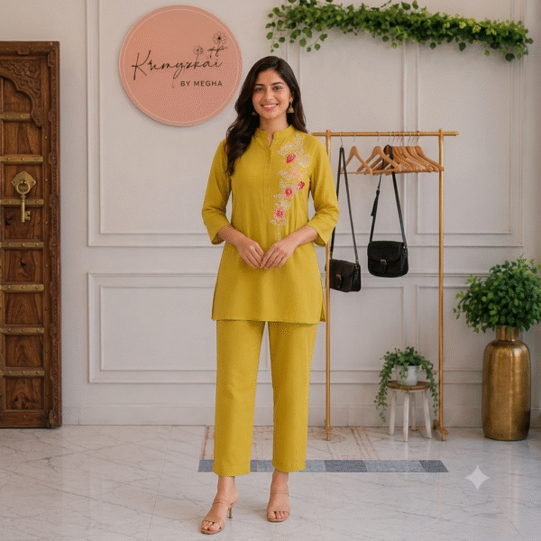 Mustard Yellow Floral Embroidered Tunic Co-ord Set