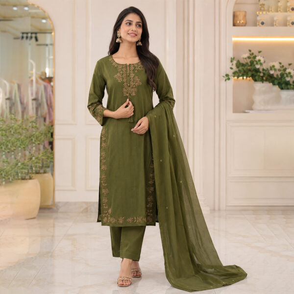 Olive Green Zari Embroidered Straight Kurta Set with Sheer Dupatta