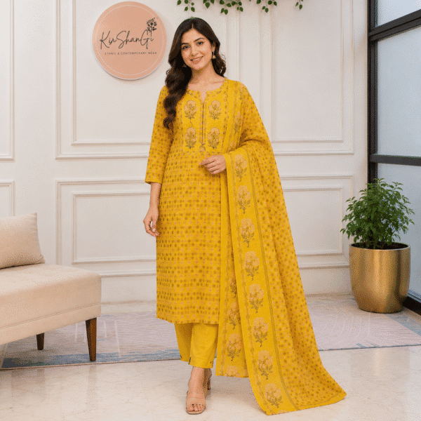 Bright Yellow Floral Printed Straight Kurta Set with Dupatta