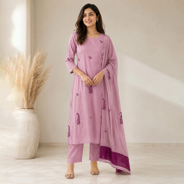 Lilac Minimalist Botanical Motif Straight Kurta Set with Dupatta