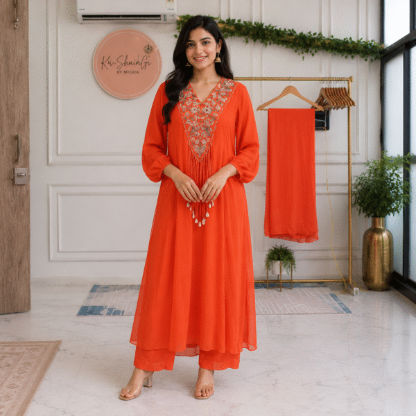 Vibrant Orange Embroidered Yoke Flared Kurta Set with Dupatta