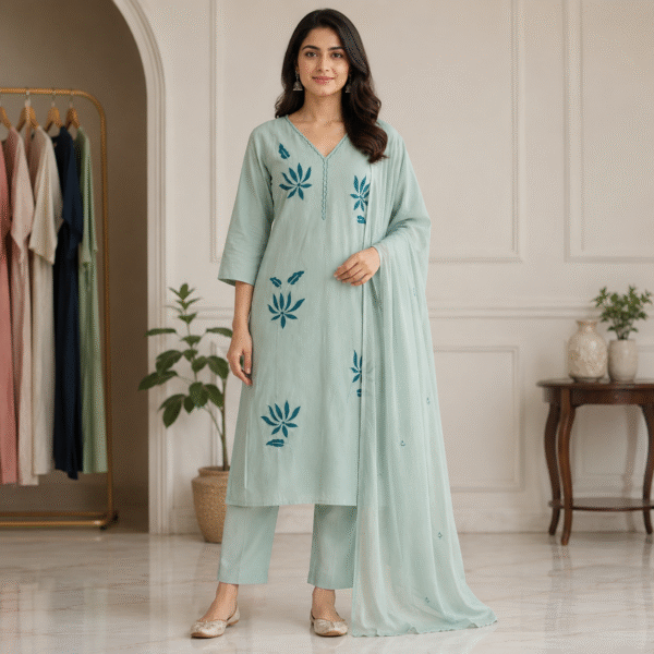 Pastel Sea Green Stylized Floral Straight Kurta Set with Dupatta