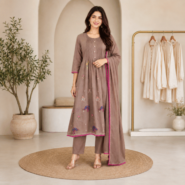 Taupe Pin-Tuck Flared Kurta Set with Traditional Animal Motifs