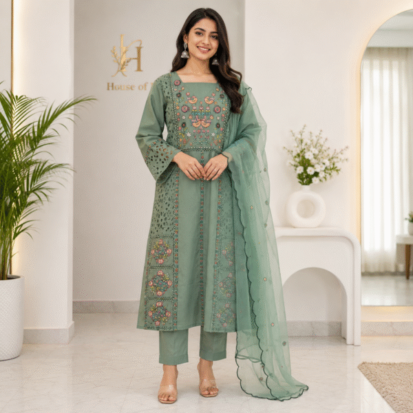Sage Green Schiffli Cutwork Kurta Set with Bird Embroidery