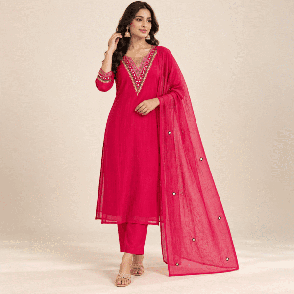 Rani Pink Mirror Work Kurta Set with Dupatta